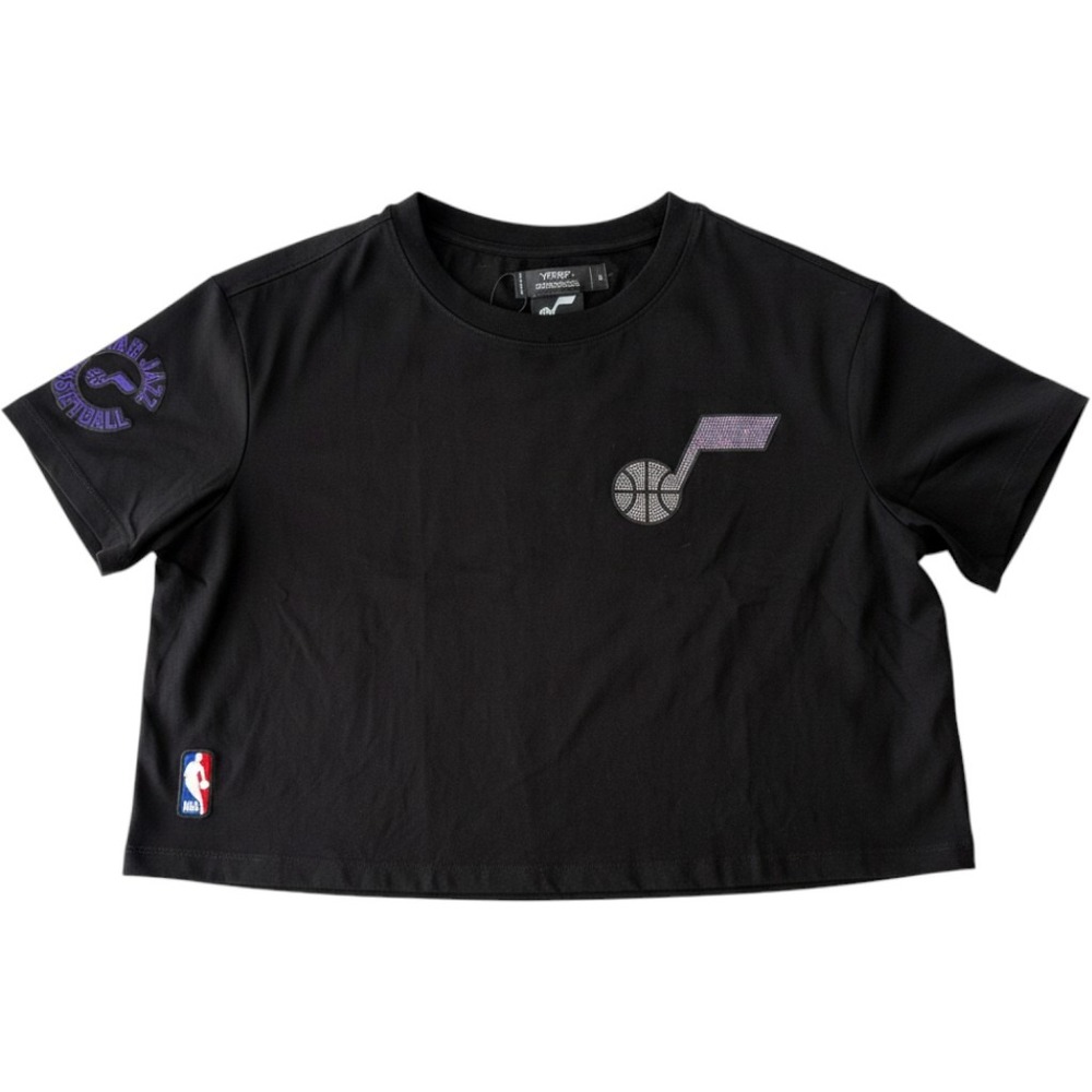 Pro Standard Utah Jazz NBA Womens Black Rhinestone Cropped Tee Shirt Large NEW